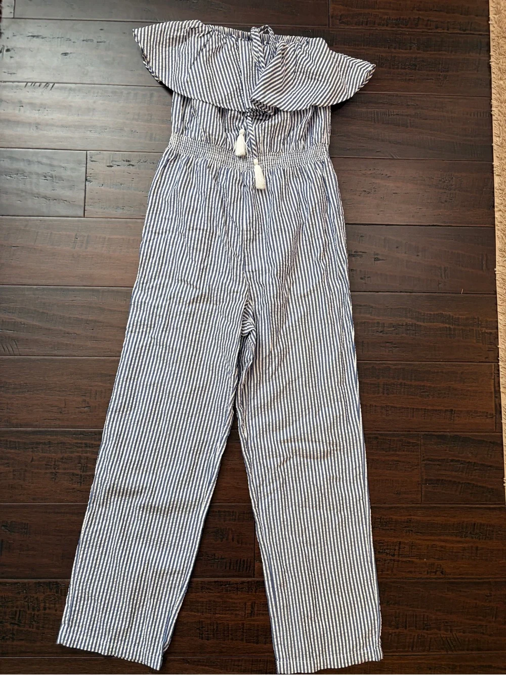 J. Crew Blue and White Striped Seersucker Strapless Jumpsuit nautical classic